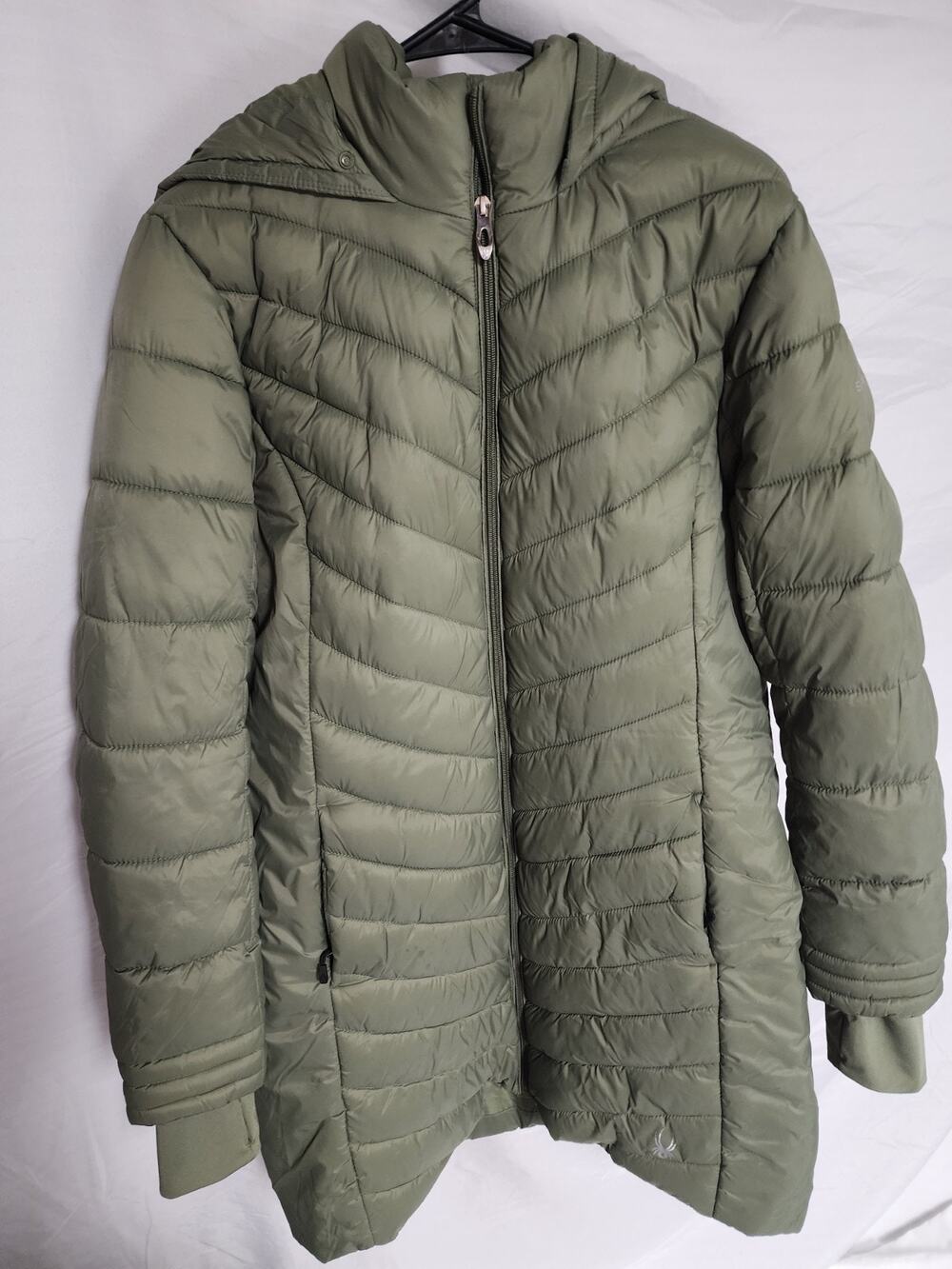 Spyder BOUNDLESS Quilted Puffer Coat Jacket Women Size Large Hooded Long Green